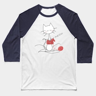 White Knitting Cat - Navy Baseball T-Shirt